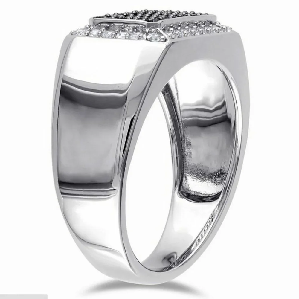 New Men 925 Silver White & Black Sapphire Ring